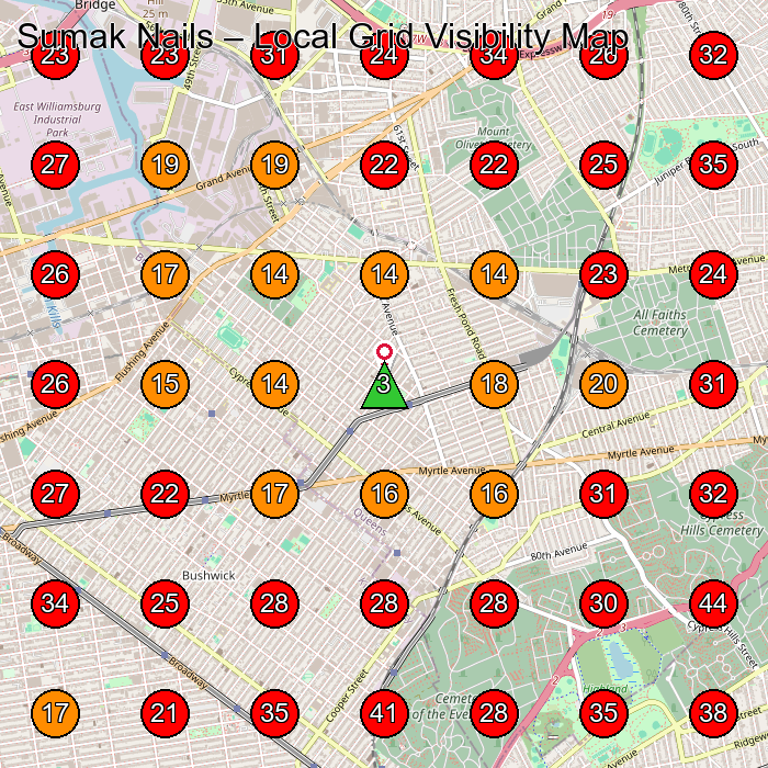 Sumak Nails GeoGrid visibility map for Nail Salon in Queens